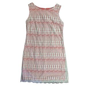 Eliza J Crochet Lace Overlay Dress Lined Sleeveless Coral Pink White Sz 10